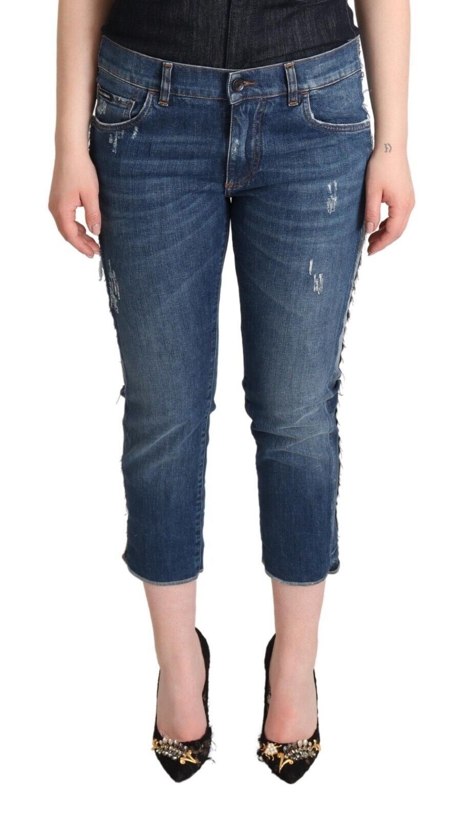 Blauwe gewassen mid waist denim cropped jeans met logo