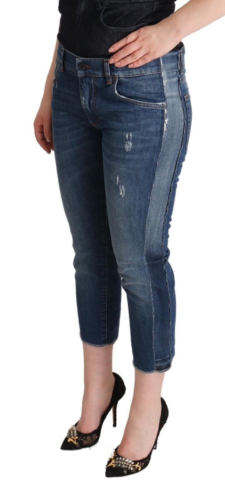 Blauwe gewassen mid waist denim cropped jeans met logo