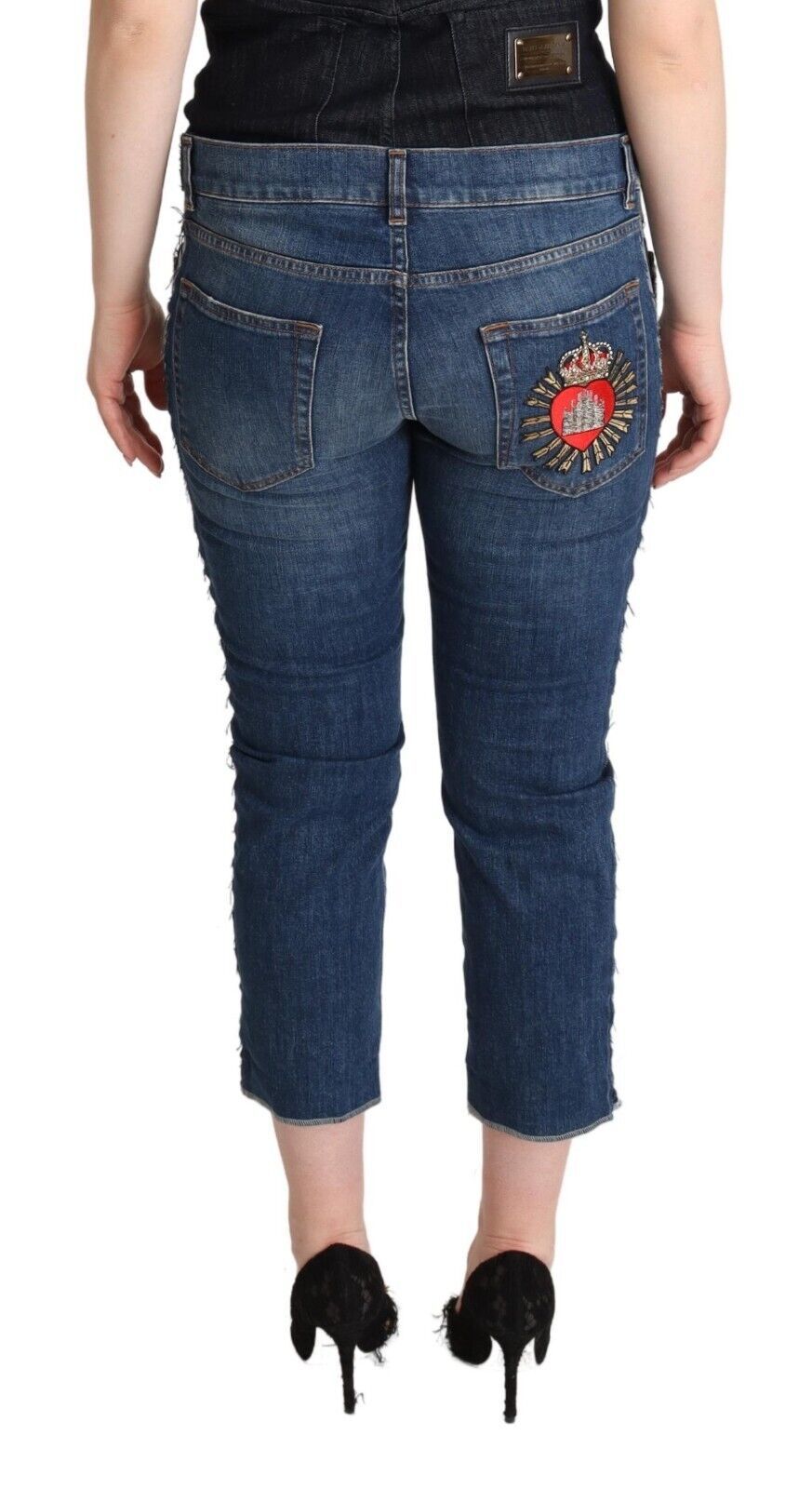 Blauwe gewassen mid waist denim cropped jeans met logo