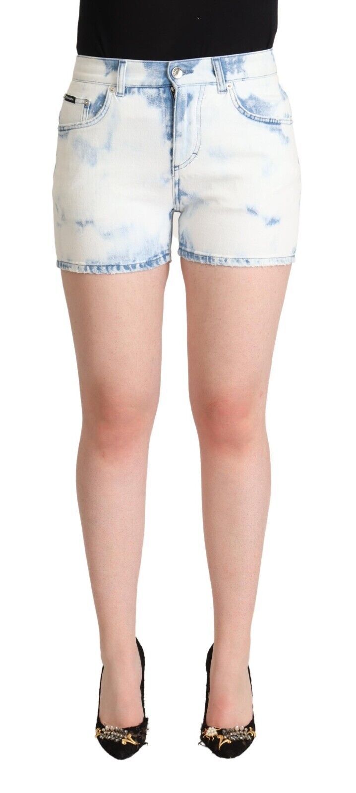 Witte, blauw geverfde katoenen denim shorts met middelhoge taille