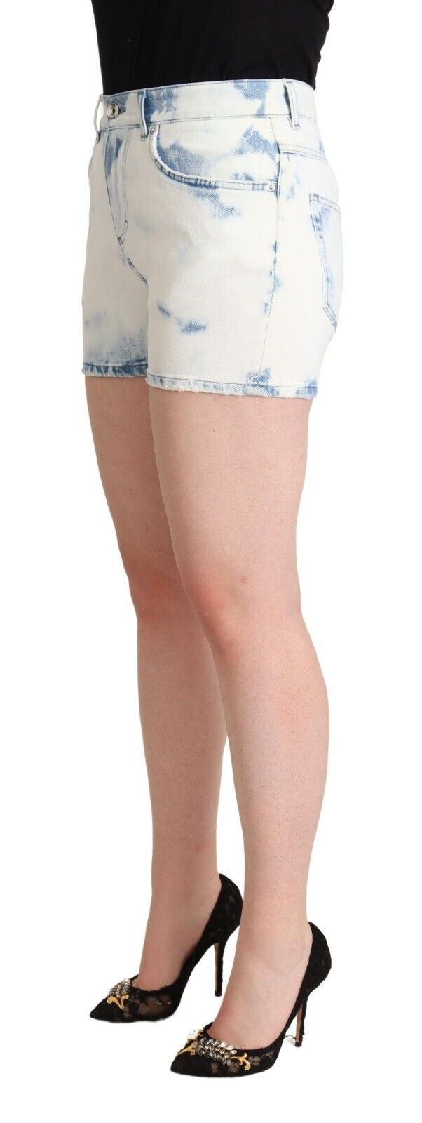Witte, blauw geverfde katoenen denim shorts met middelhoge taille