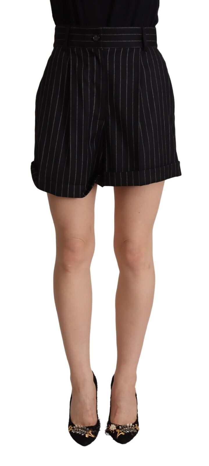 Zwarte gestreepte wollen hoge taille broek Bermuda shorts