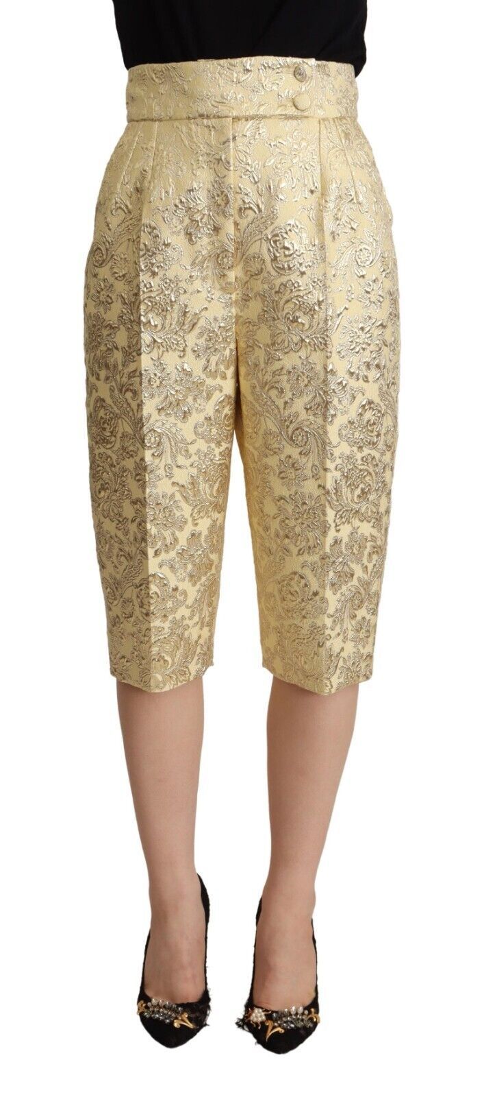 Beige bloemenbrokaat hoge taille broek cropped broek