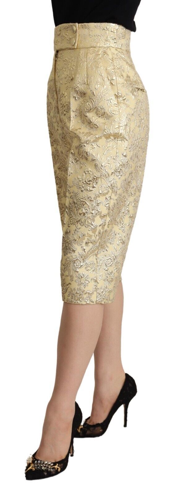 Beige bloemenbrokaat hoge taille broek cropped broek