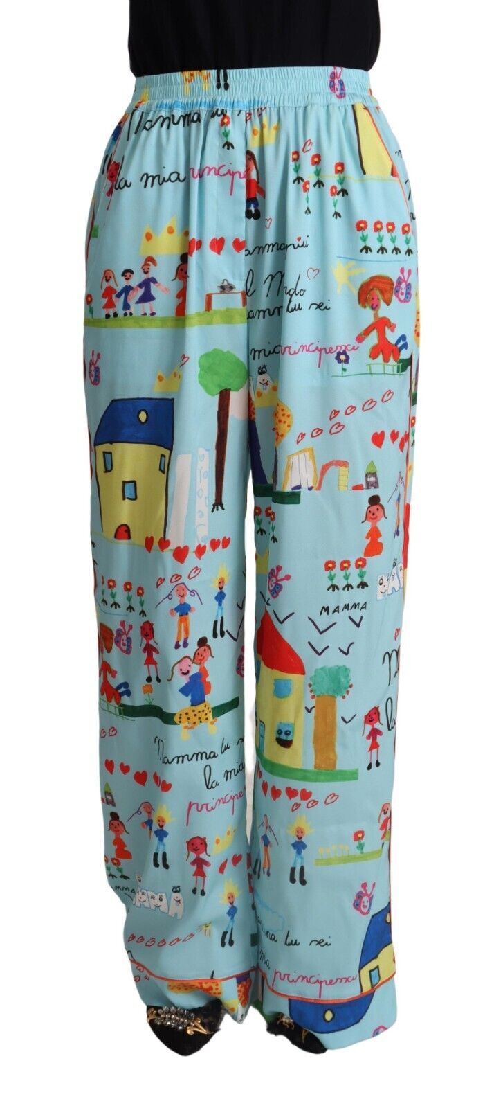 Lichtblauwe tekeningbroek met wijde pijpen en middelhoge taille