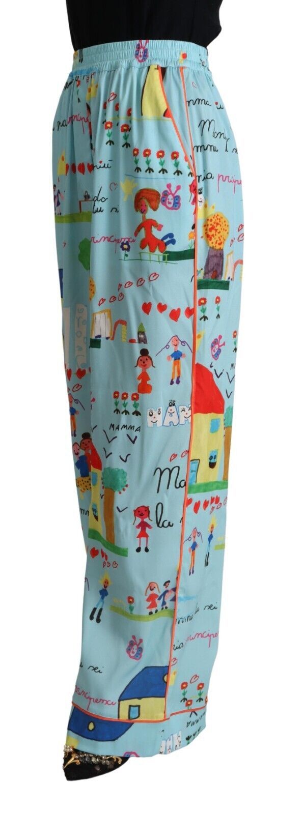 Lichtblauwe tekeningbroek met wijde pijpen en middelhoge taille