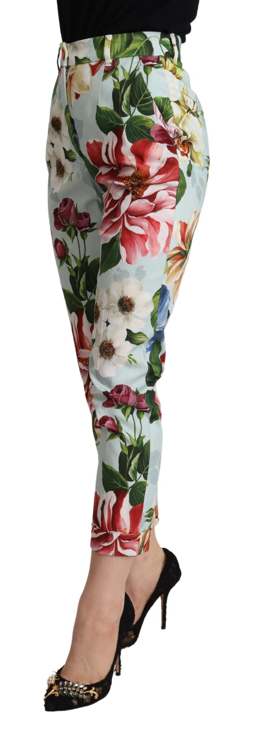 Lichtblauwe Fiori-print katoenen broek met taps toelopende pijpen
