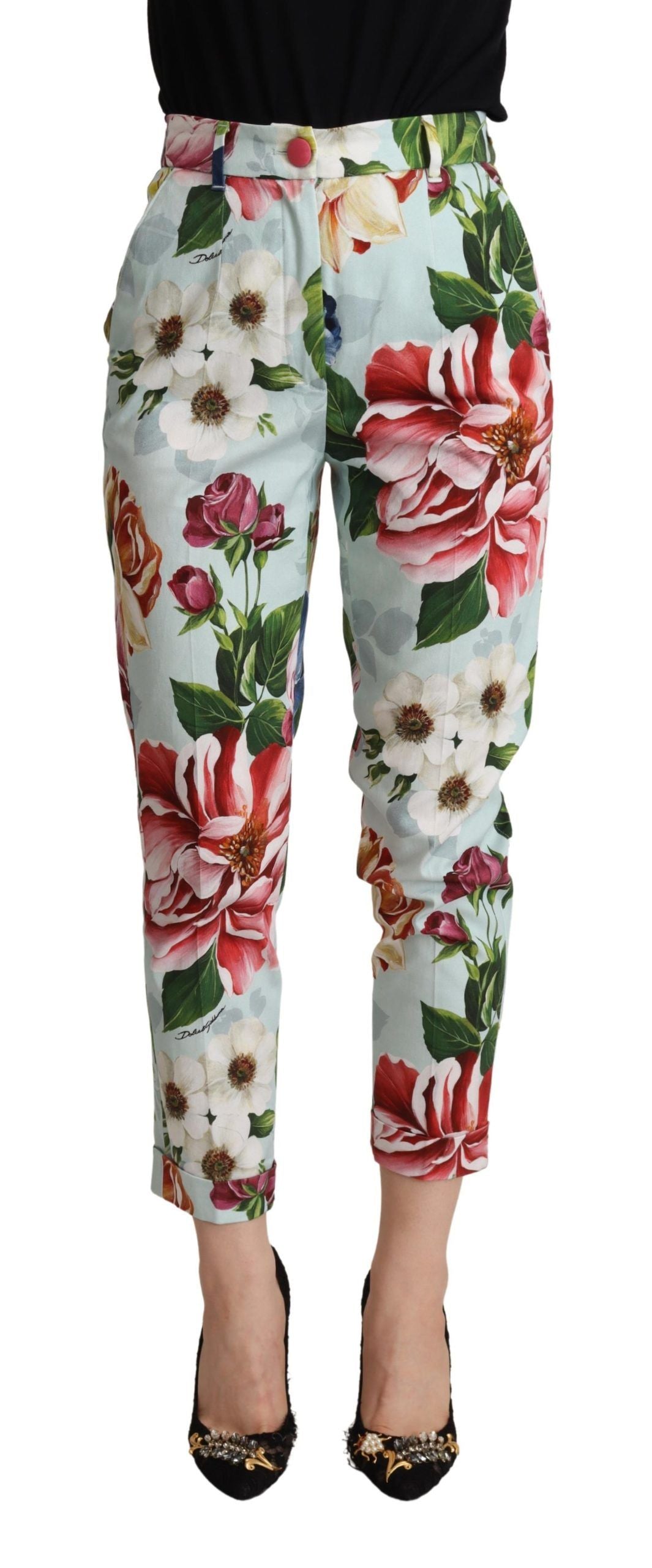 Lichtblauwe Fiori-print katoenen broek met taps toelopende pijpen
