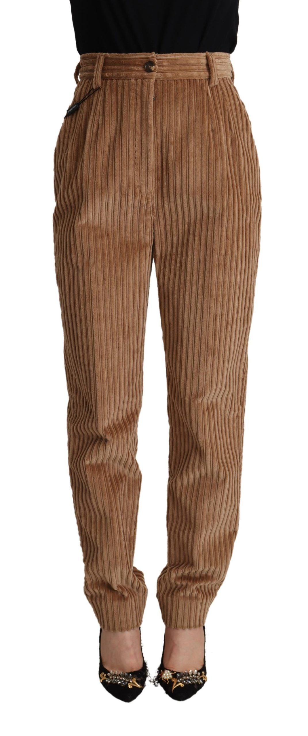 Bruine corduroy katoenen broek met taps toelopende pijpen