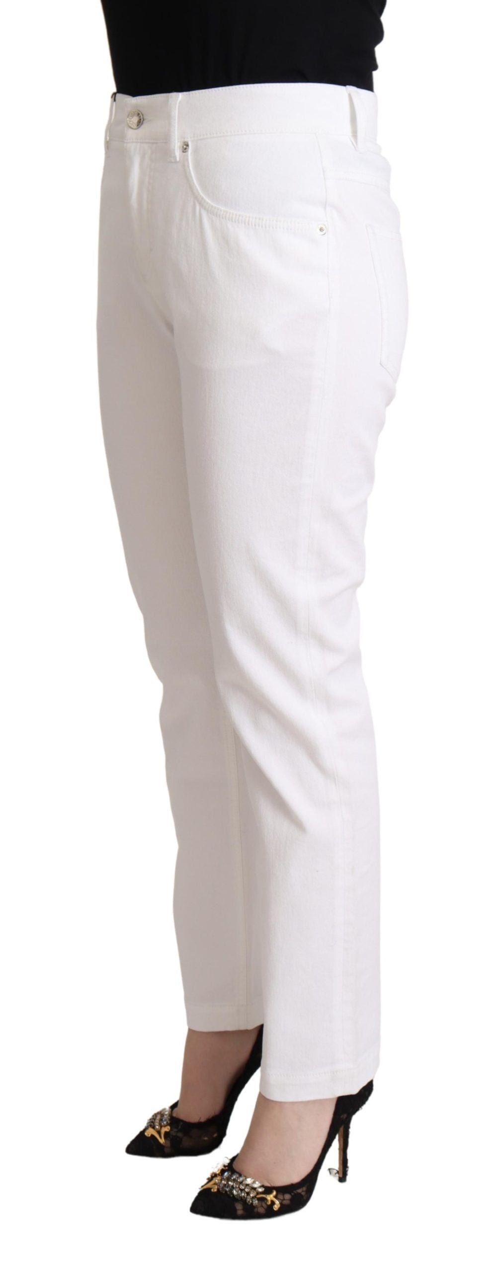Witte katoenen mid waist denim taps toelopende jeans