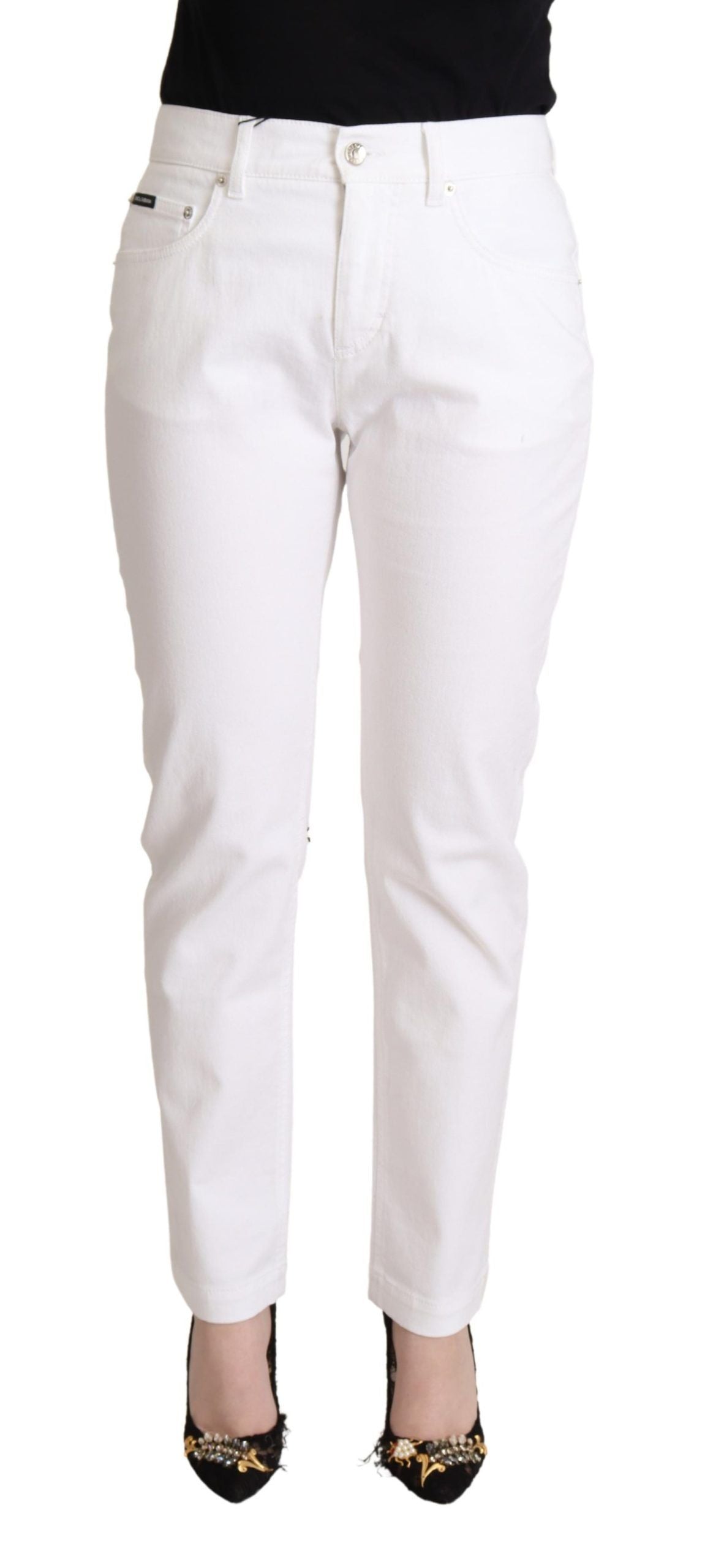 Witte katoenen mid waist denim taps toelopende jeans
