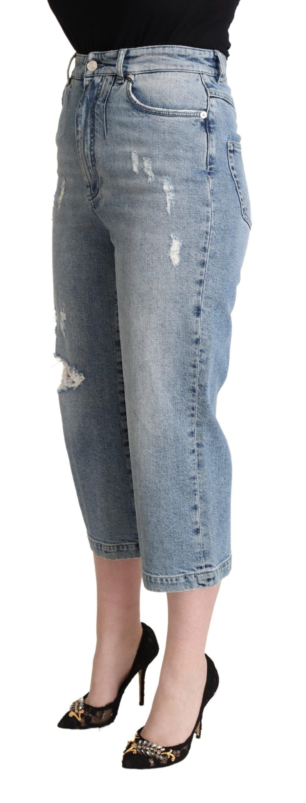 Blauwe gehavende katoenen denim capri cropped jeans