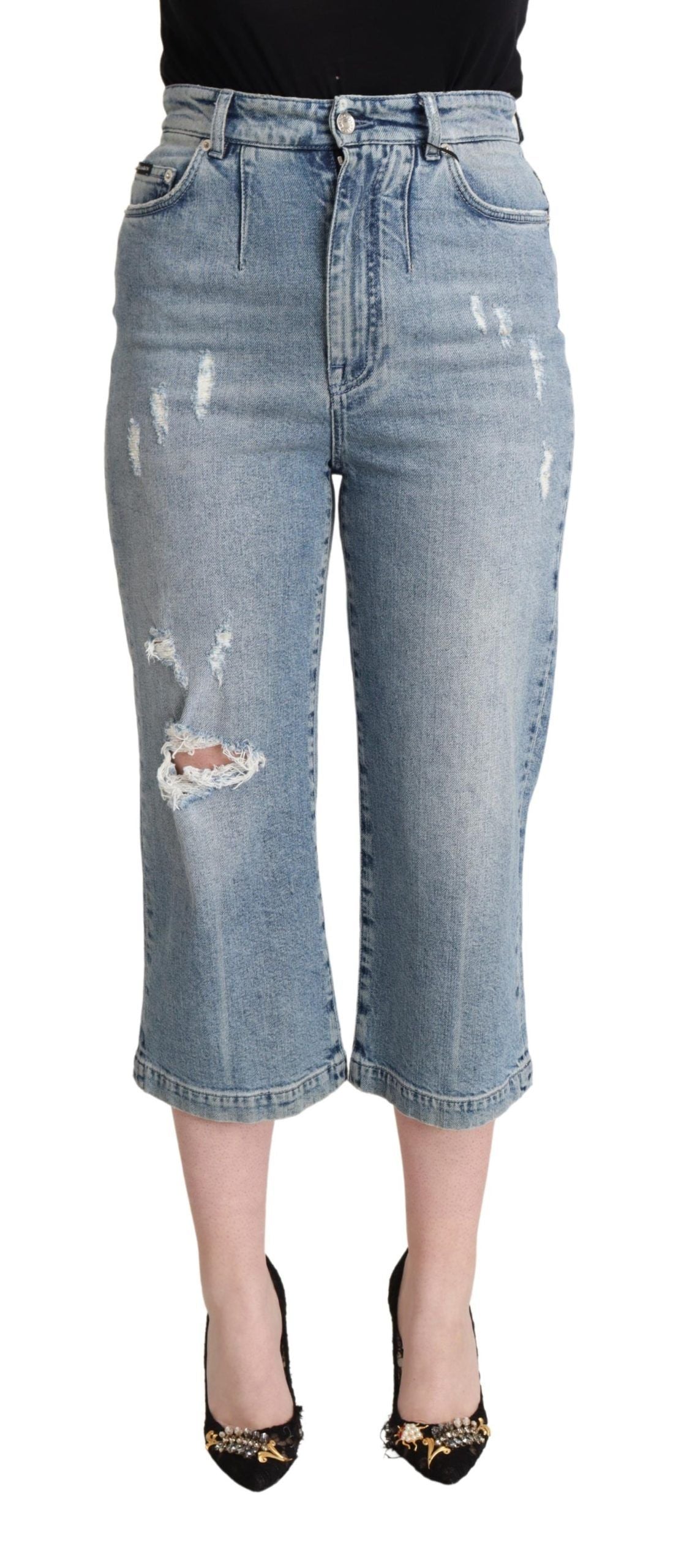 Blauwe gehavende katoenen denim capri cropped jeans
