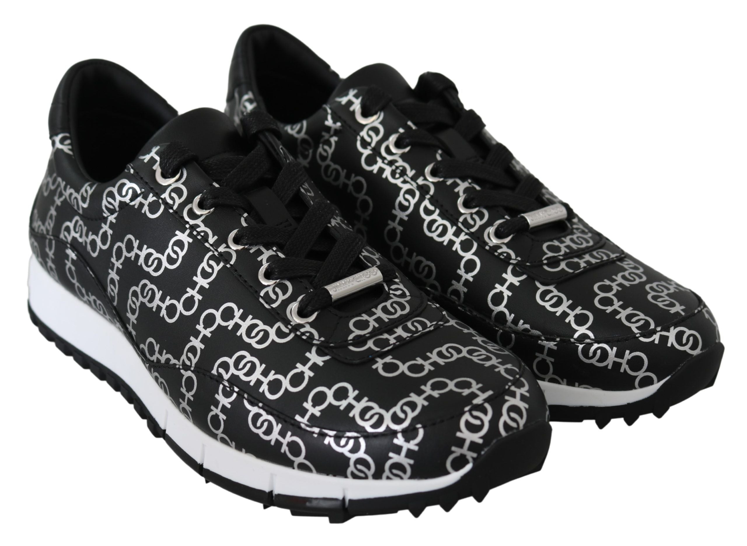 Elegante zwarte en zilveren leren sneakers