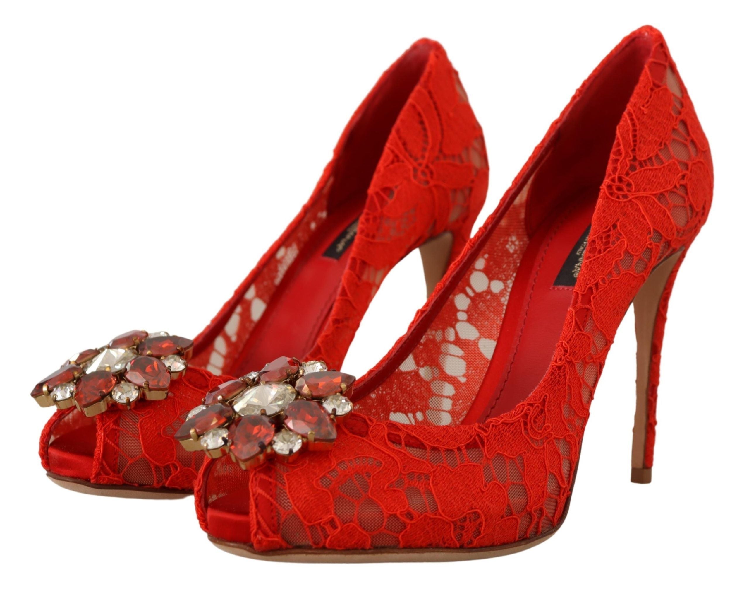 Rode Taormina kant kristallen hakken pumps