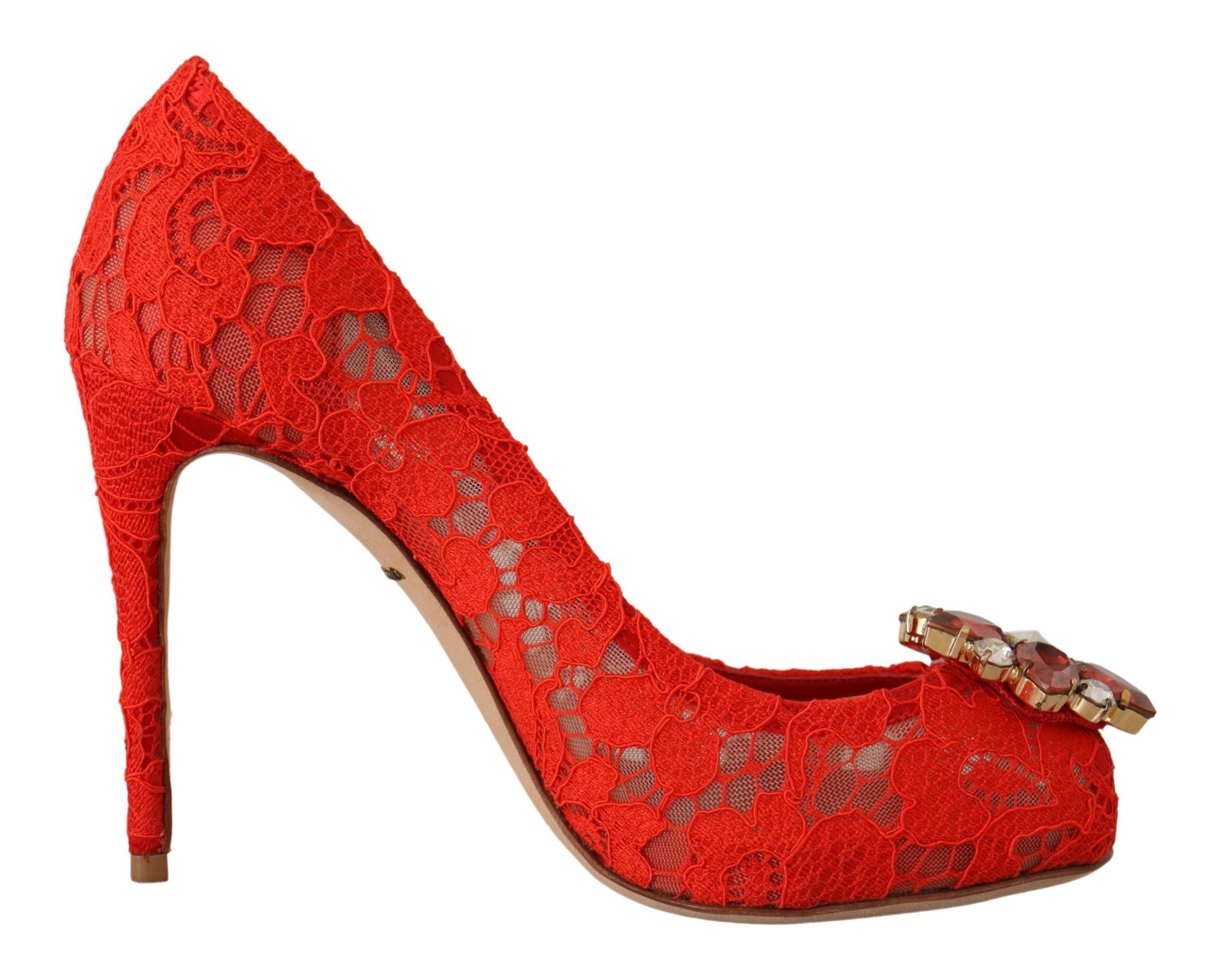 Rode Taormina kant kristallen hakken pumps