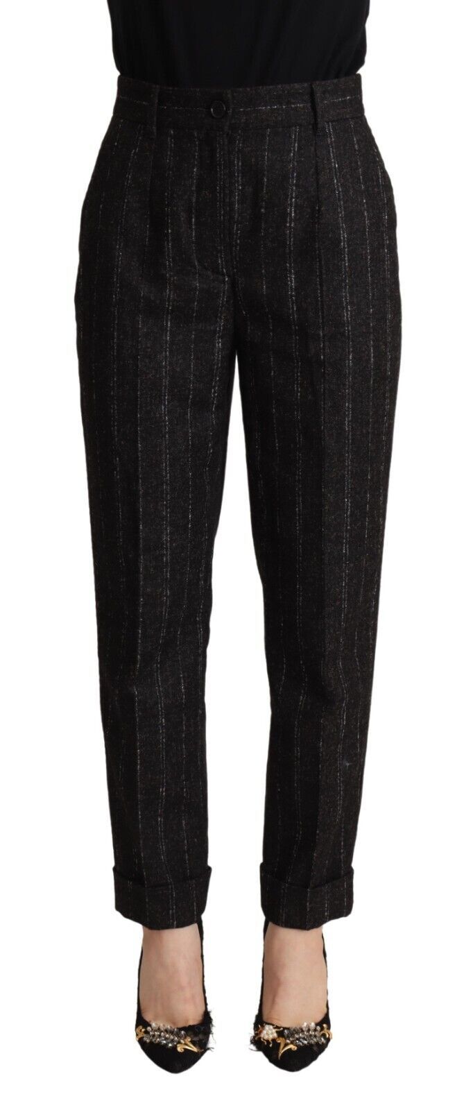 Zwarte gestreepte hoge taille taps toelopende broek