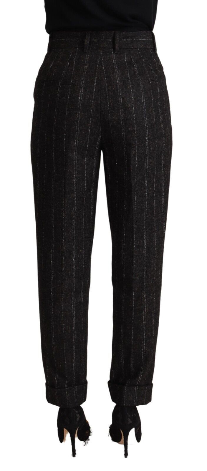 Zwarte gestreepte hoge taille taps toelopende broek