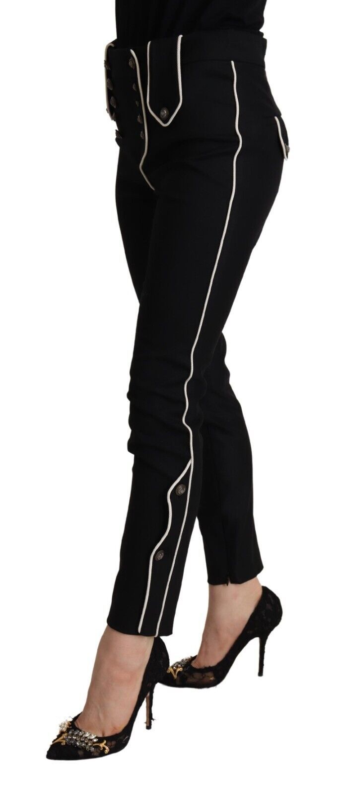 Zwarte, middelhoge taille, slim fit broek met knoopversiering