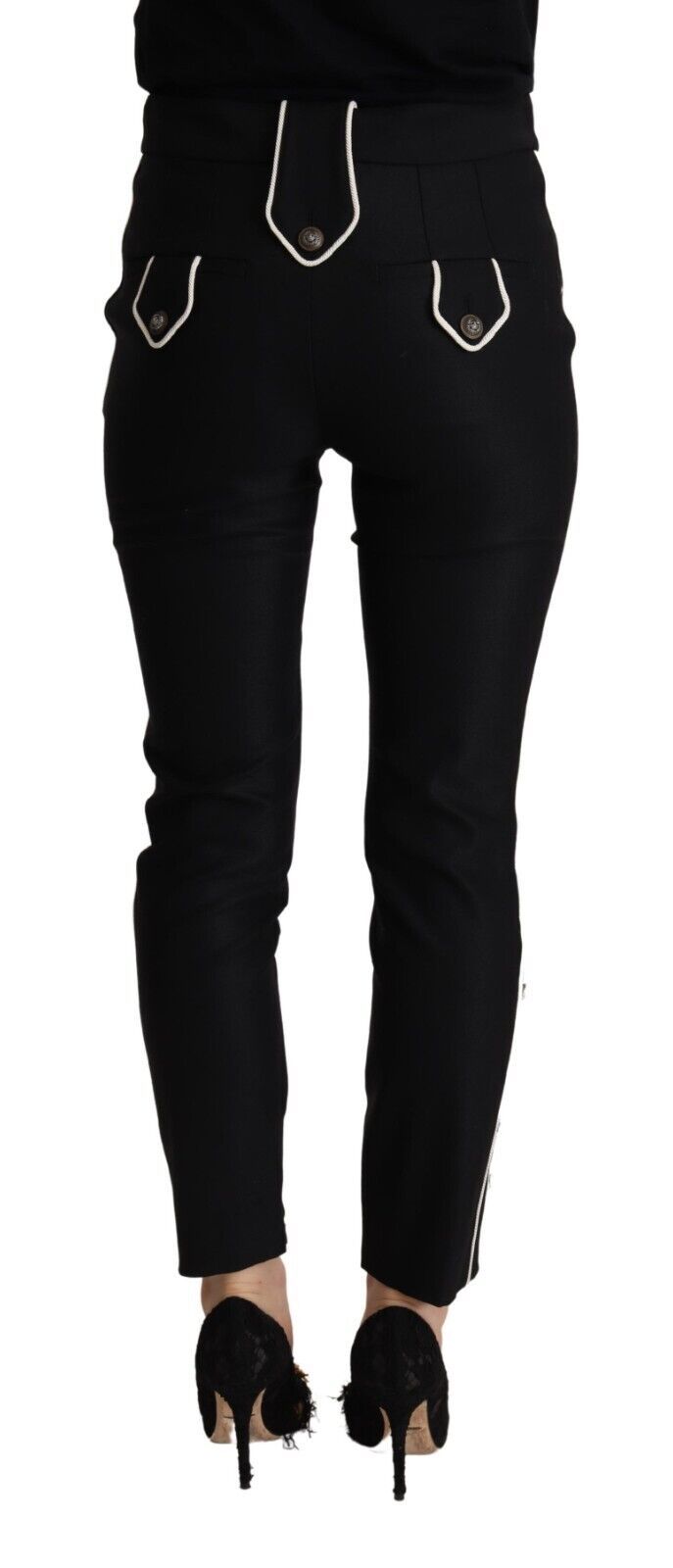 Zwarte, middelhoge taille, slim fit broek met knoopversiering