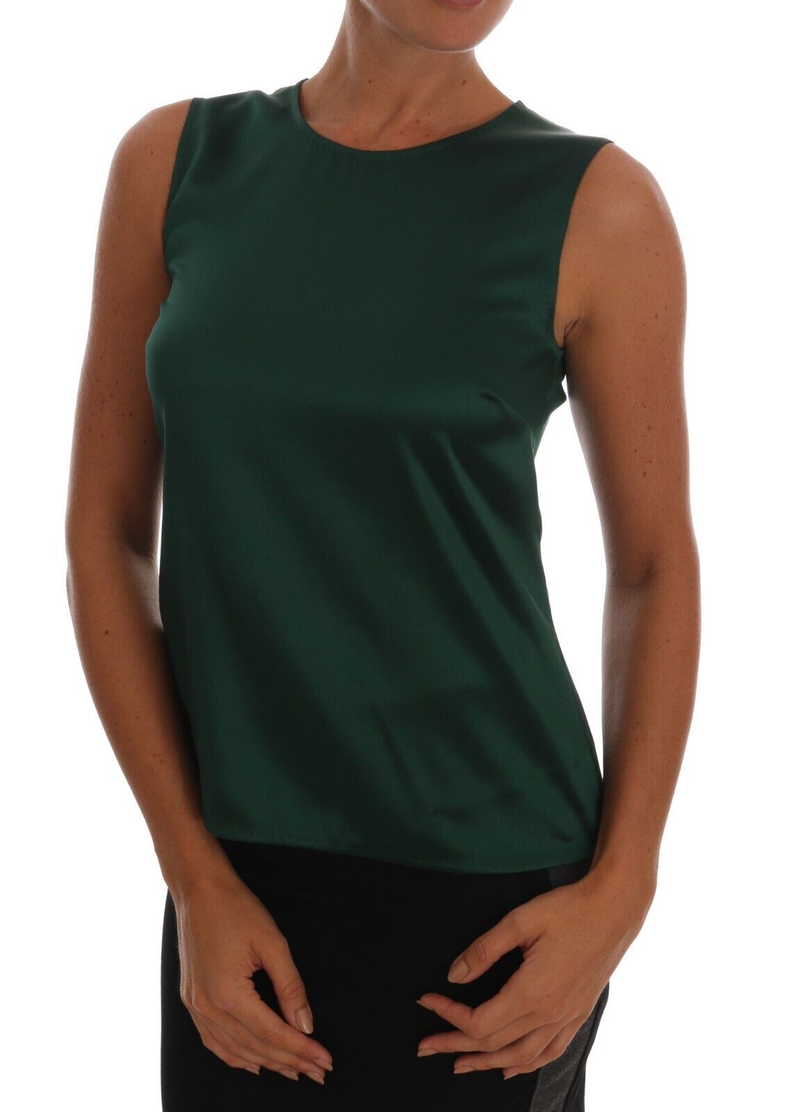 Donkergroene zijden mouwloze tanktop met ronde hals