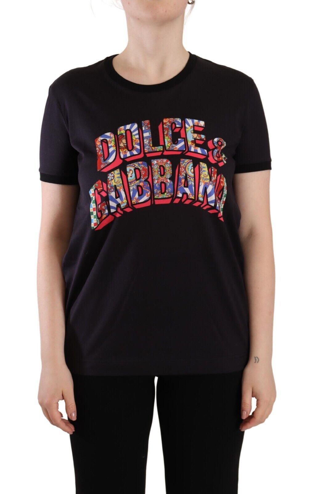 Zwart T-shirt met ronde hals en logoprint van katoen