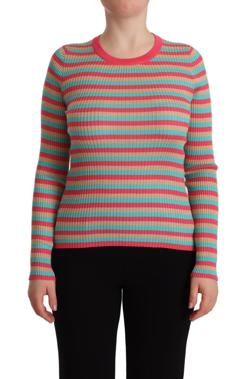 Multicolor gestreepte zijden trui met ronde hals