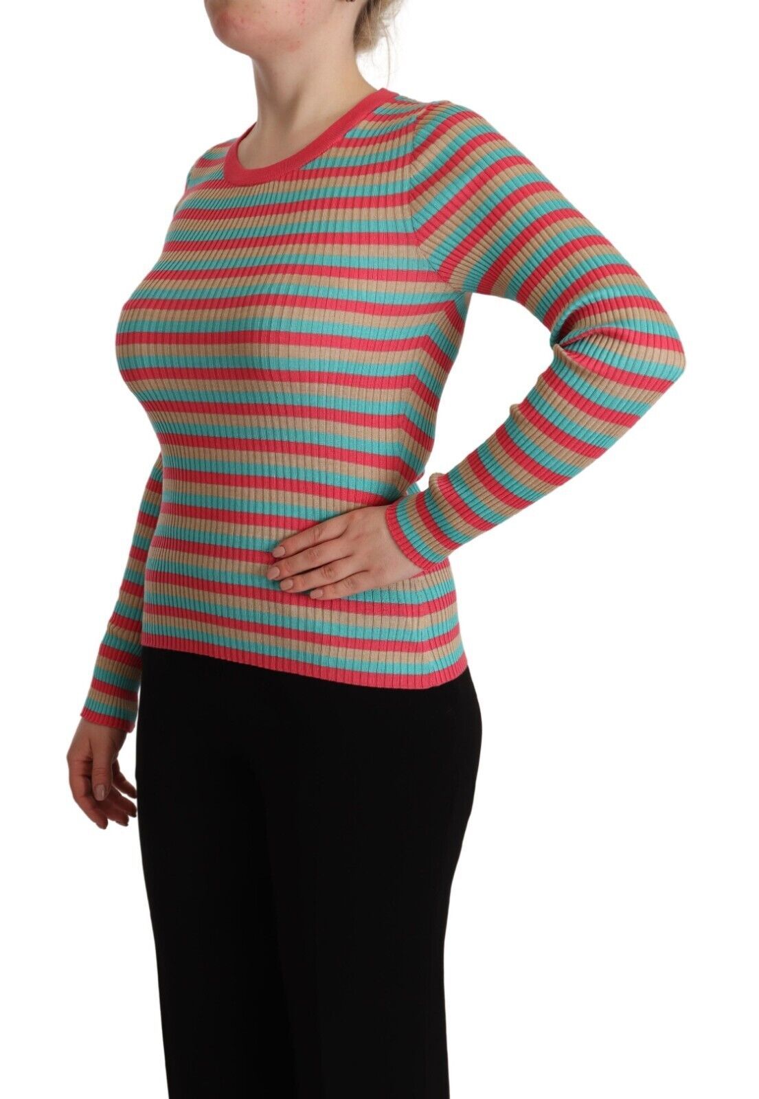 Multicolor gestreepte zijden trui met ronde hals