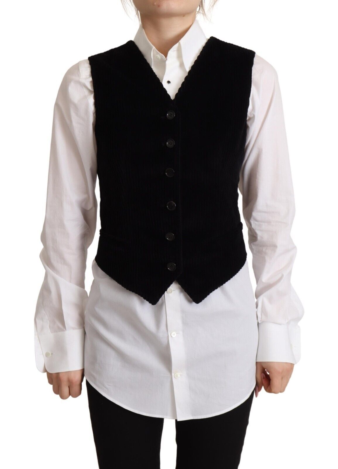 Zwarte V-hals luipaard corduroy vest top met knopen