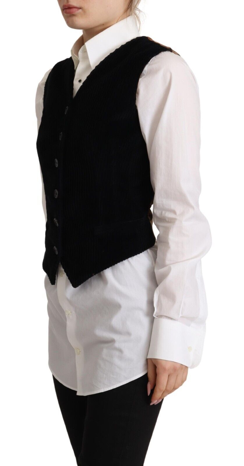 Zwarte V-hals luipaard corduroy vest top met knopen