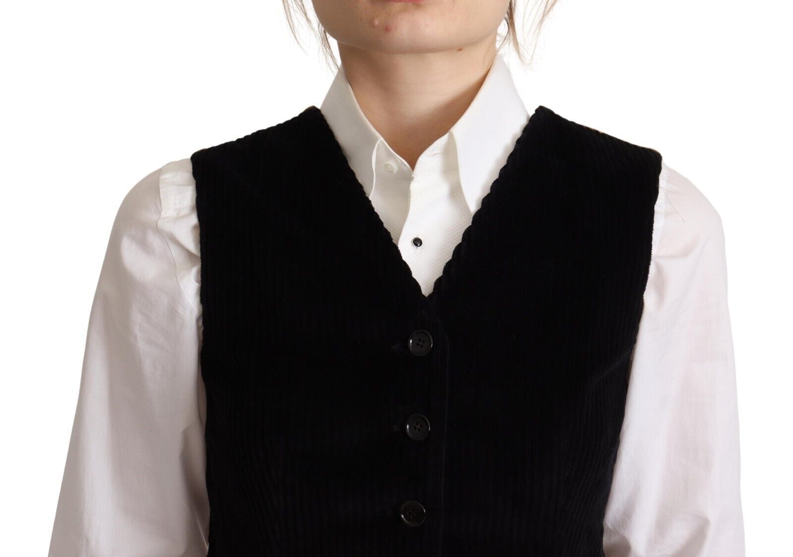 Zwarte V-hals luipaard corduroy vest top met knopen