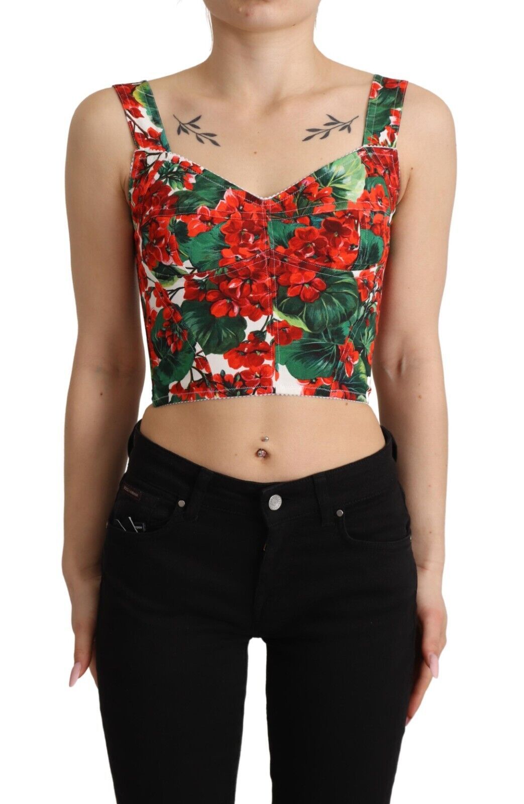 Viscose crop top met rode geraniumprint en sweetheart-hals