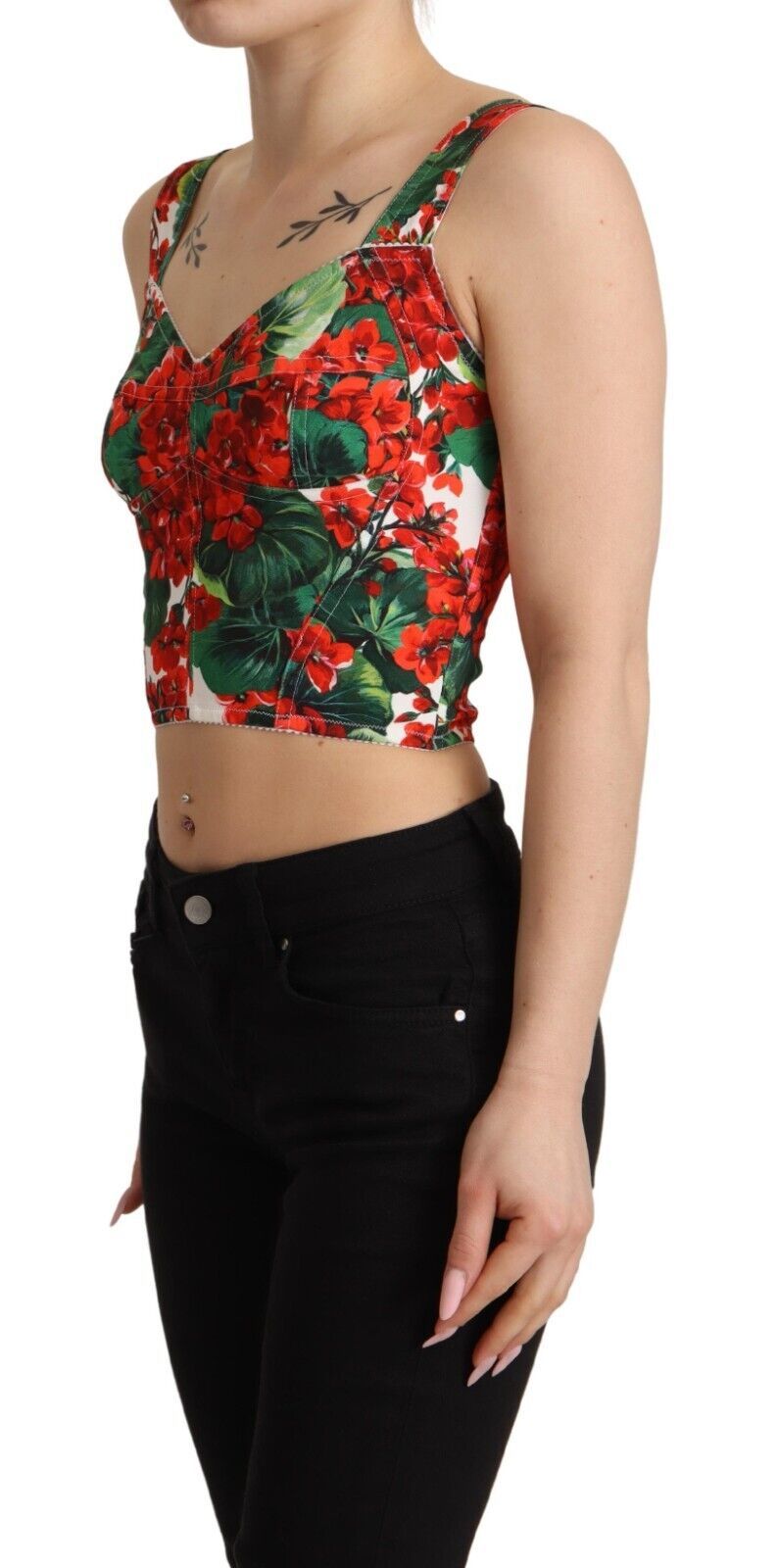 Viscose crop top met rode geraniumprint en sweetheart-hals