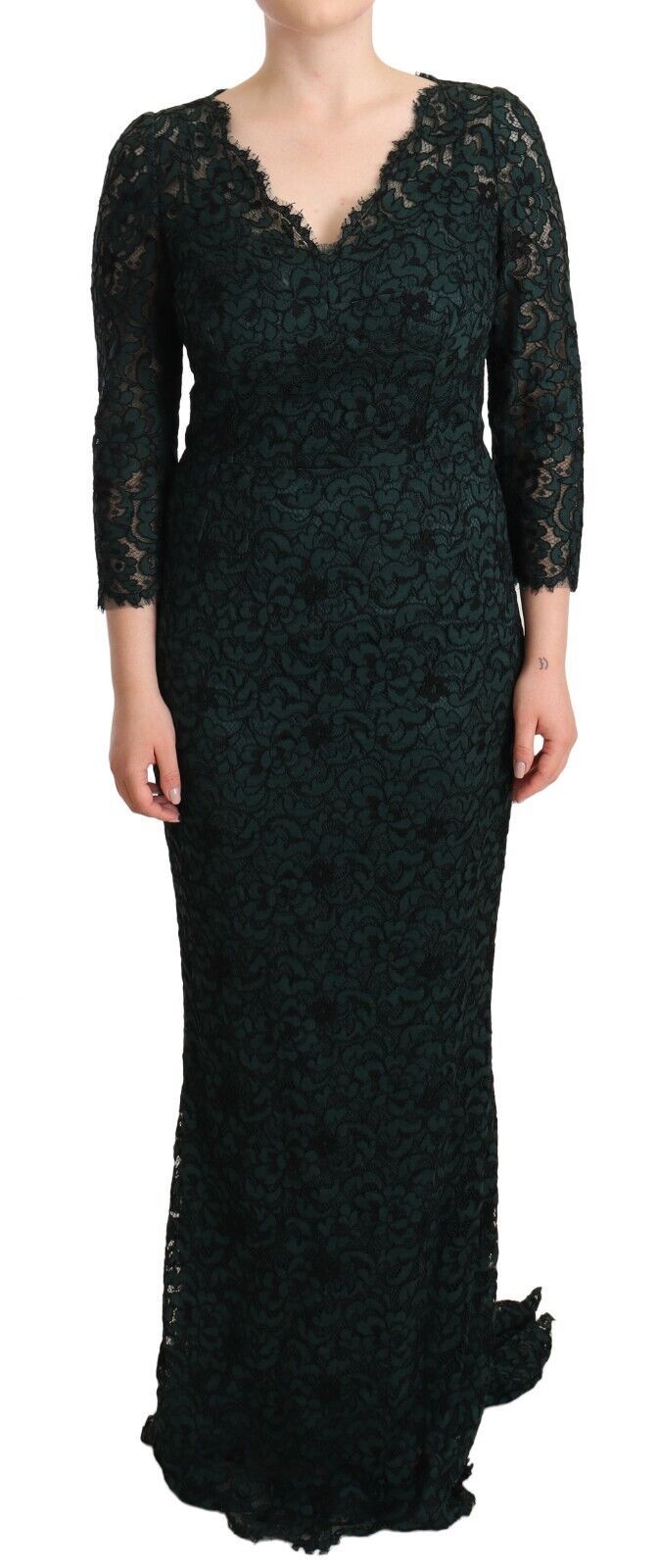 Groene maxi-jurk met bloemenkant en lange mouwen