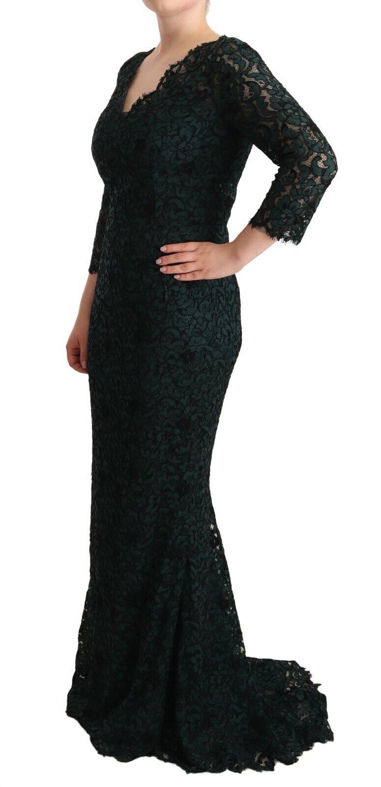 Groene maxi-jurk met bloemenkant en lange mouwen