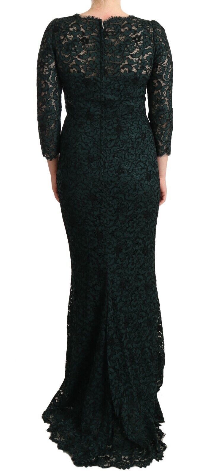 Groene maxi-jurk met bloemenkant en lange mouwen