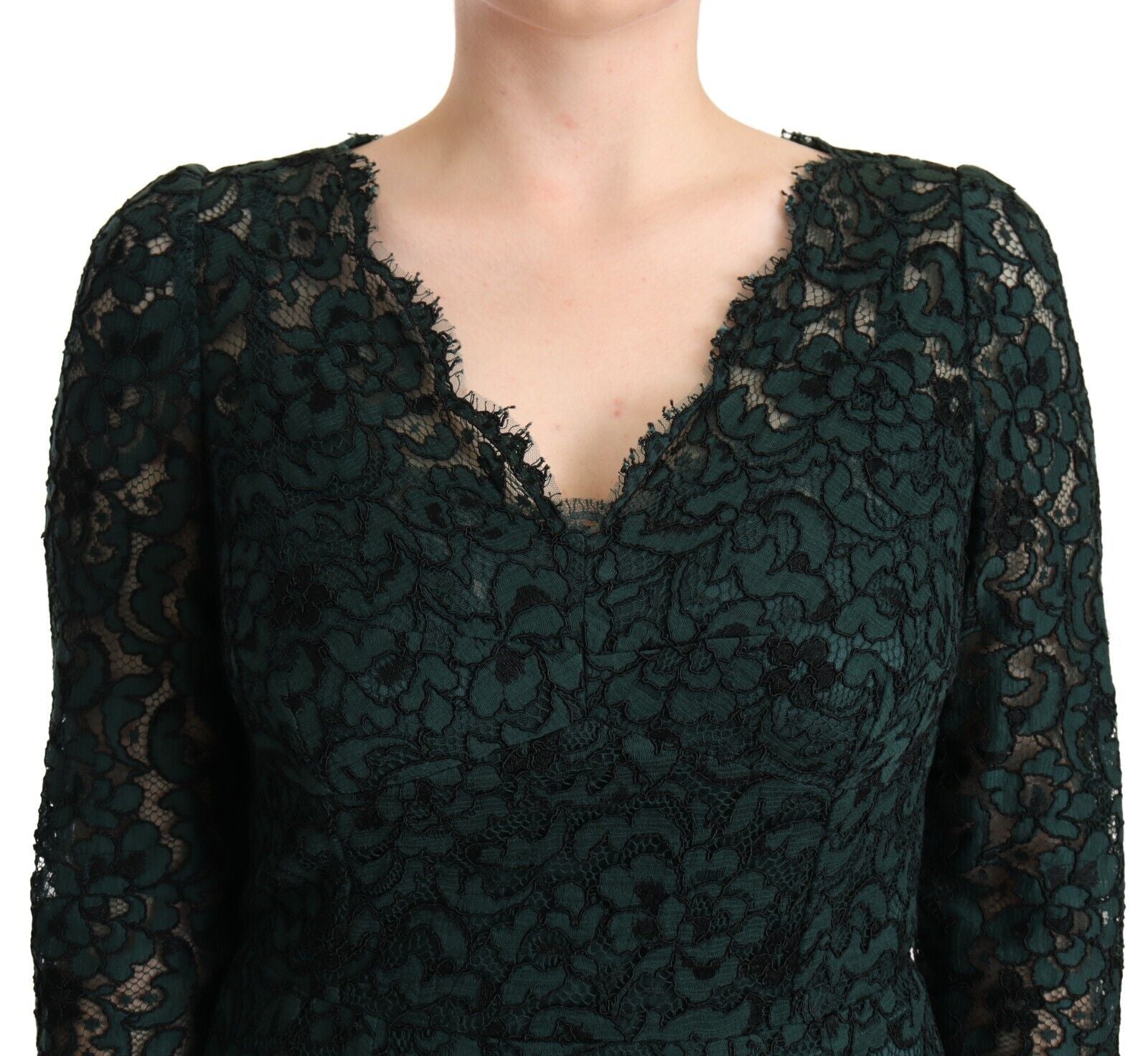 Groene maxi-jurk met bloemenkant en lange mouwen