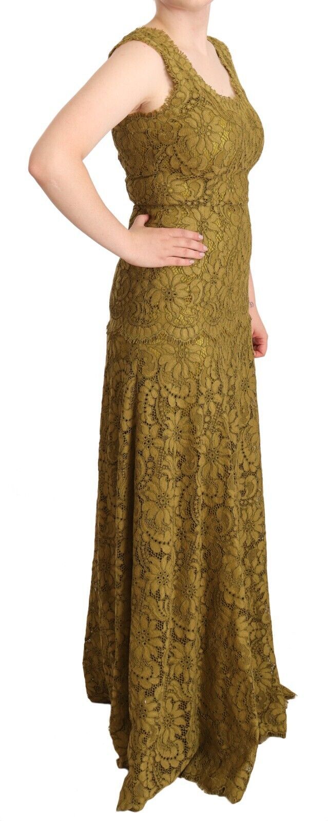 Bruine maxi-jurk met bloemenkant en lange mouwen