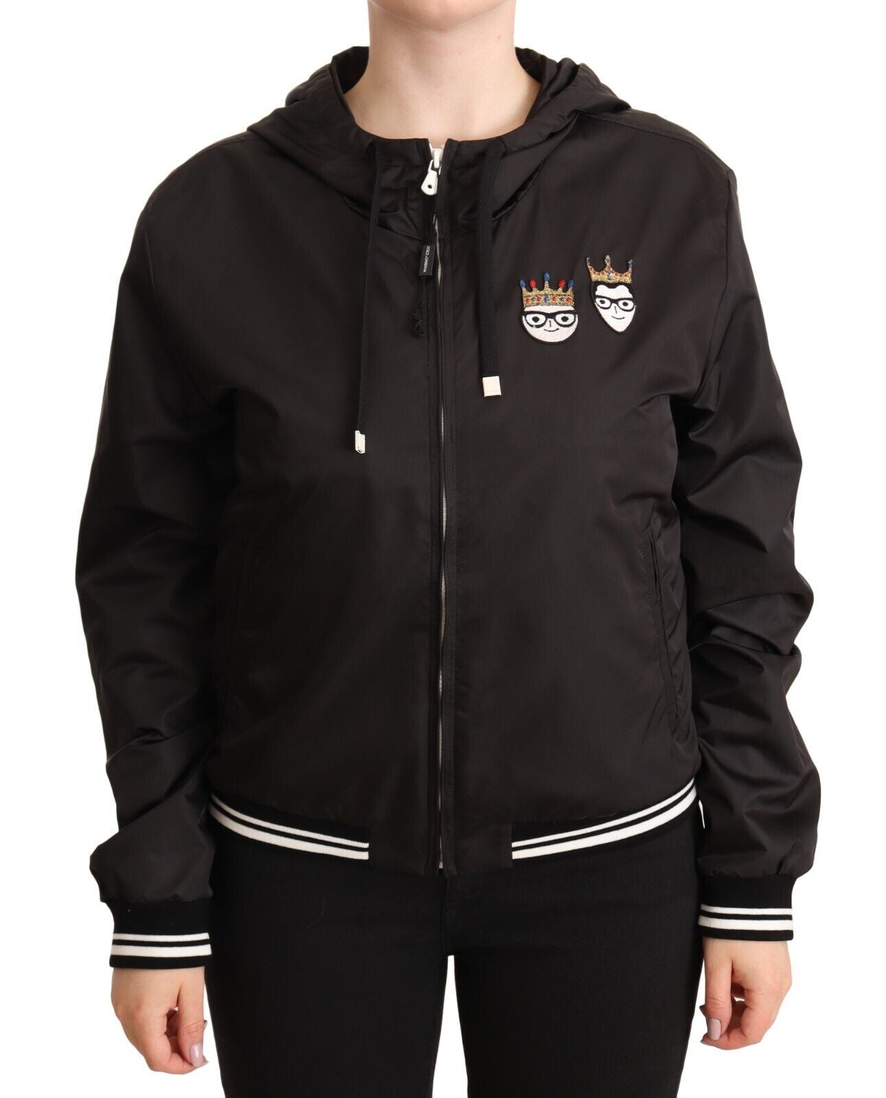 Zwarte polyester bomberjack met capuchon en volledige ritssluiting