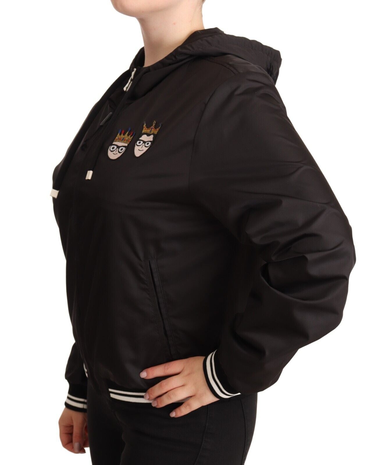 Zwarte polyester bomberjack met capuchon en volledige ritssluiting