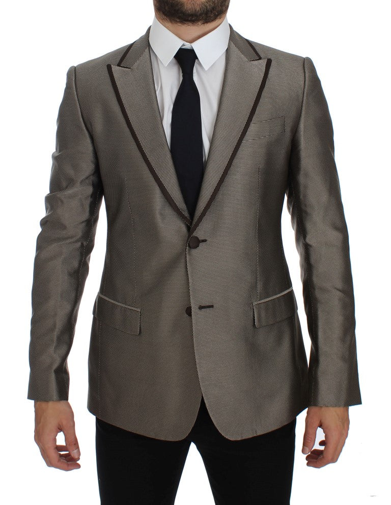 Bruine, slim fit zijden blazer met twee knopen