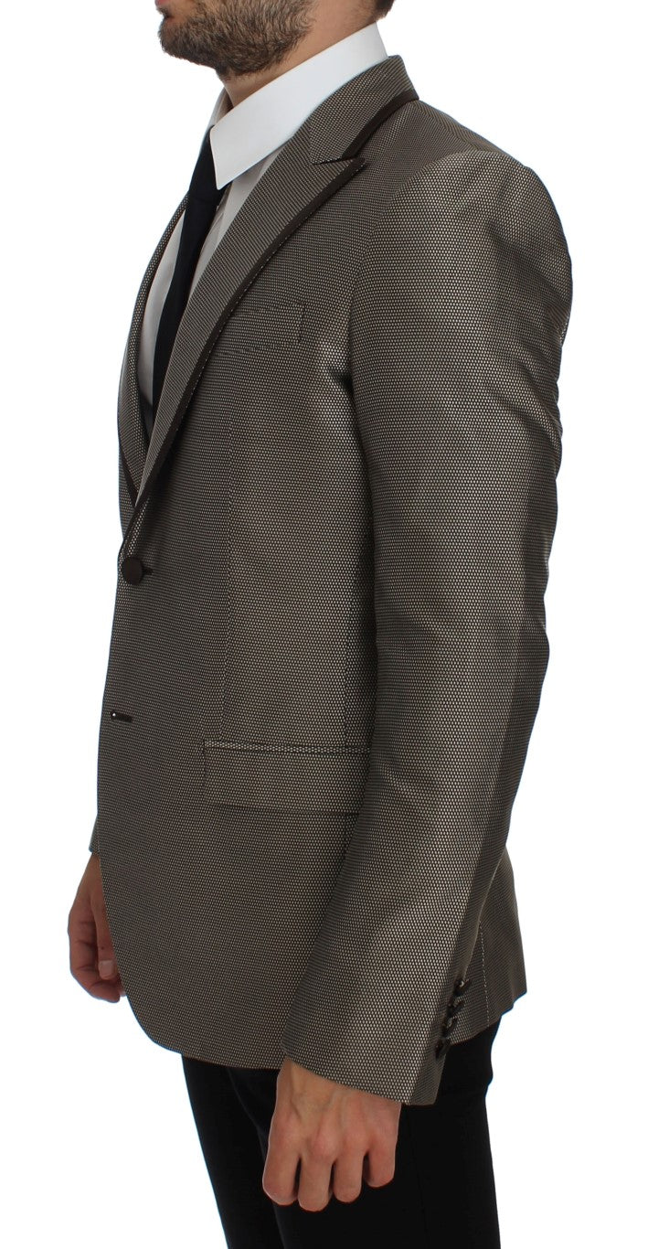 Bruine, slim fit zijden blazer met twee knopen