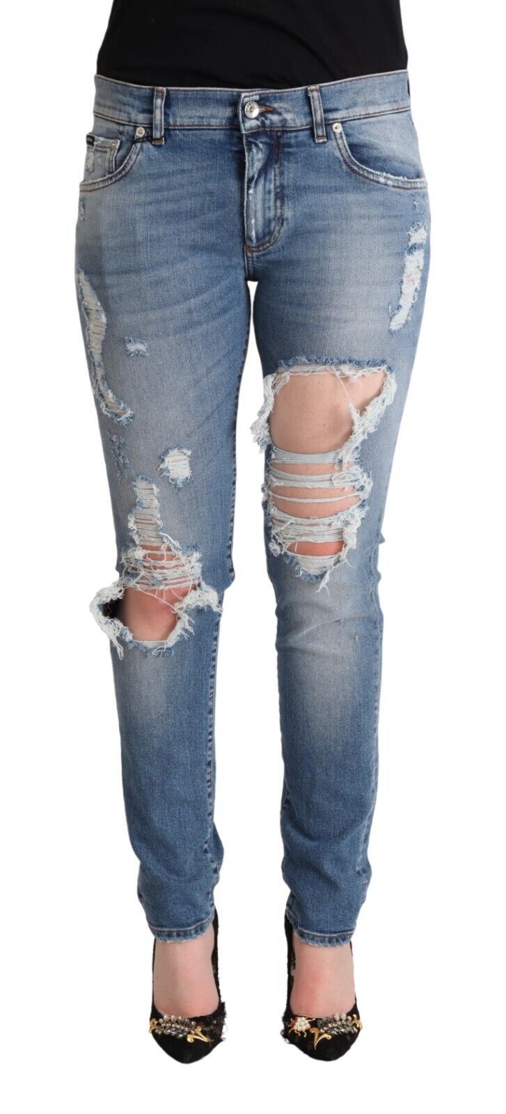 Blauwe skinny jeans van katoen met distressed effect