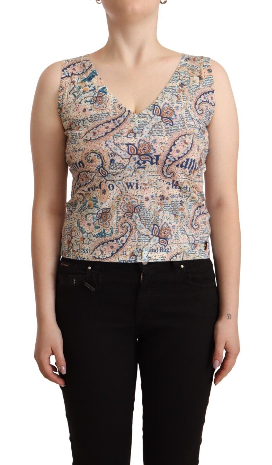 Meerkleurige katoenen mouwloze tanktop met V-hals