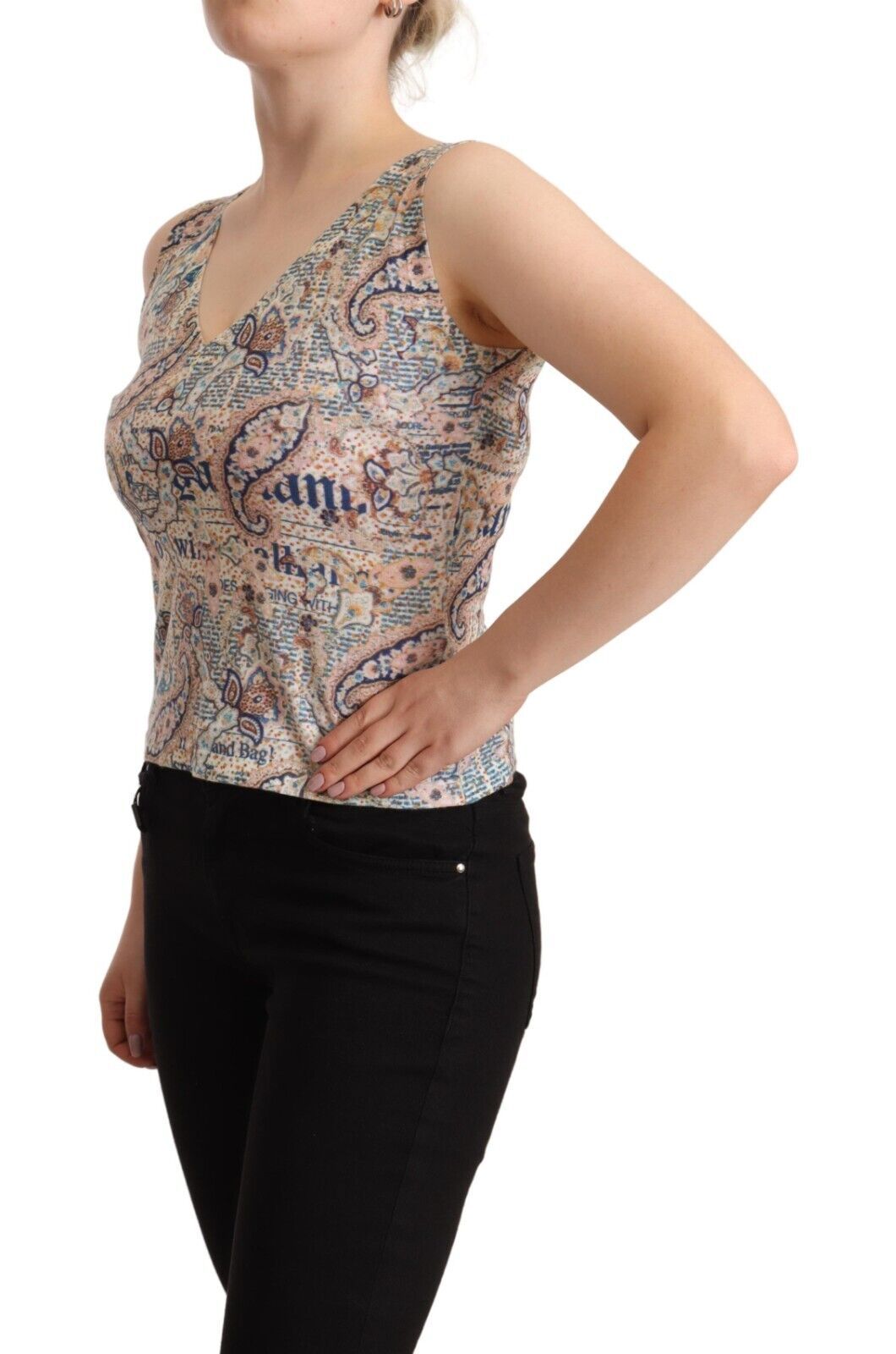Meerkleurige katoenen mouwloze tanktop met V-hals