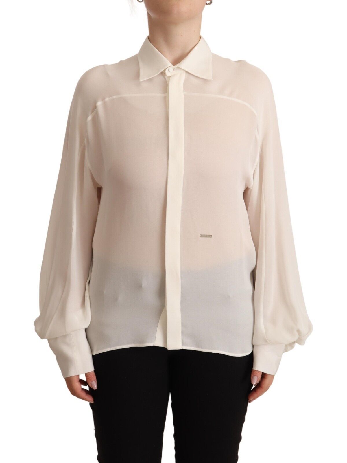 Off White Zijden Blouse Top met Lange Mouwen en Kraag