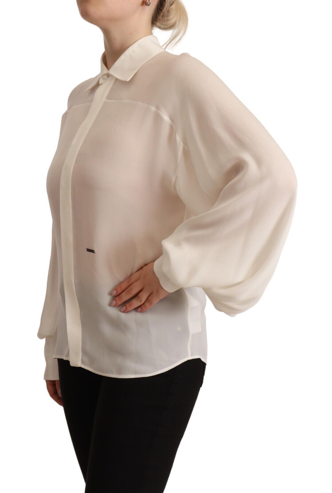 Off White Zijden Blouse Top met Lange Mouwen en Kraag