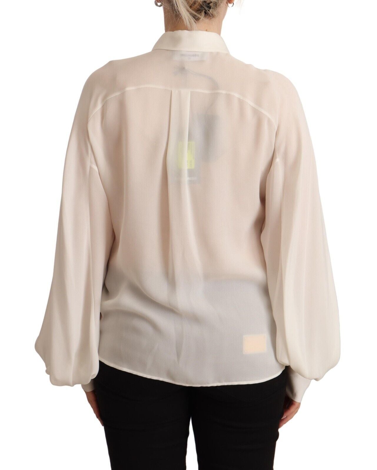 Off White Zijden Blouse Top met Lange Mouwen en Kraag
