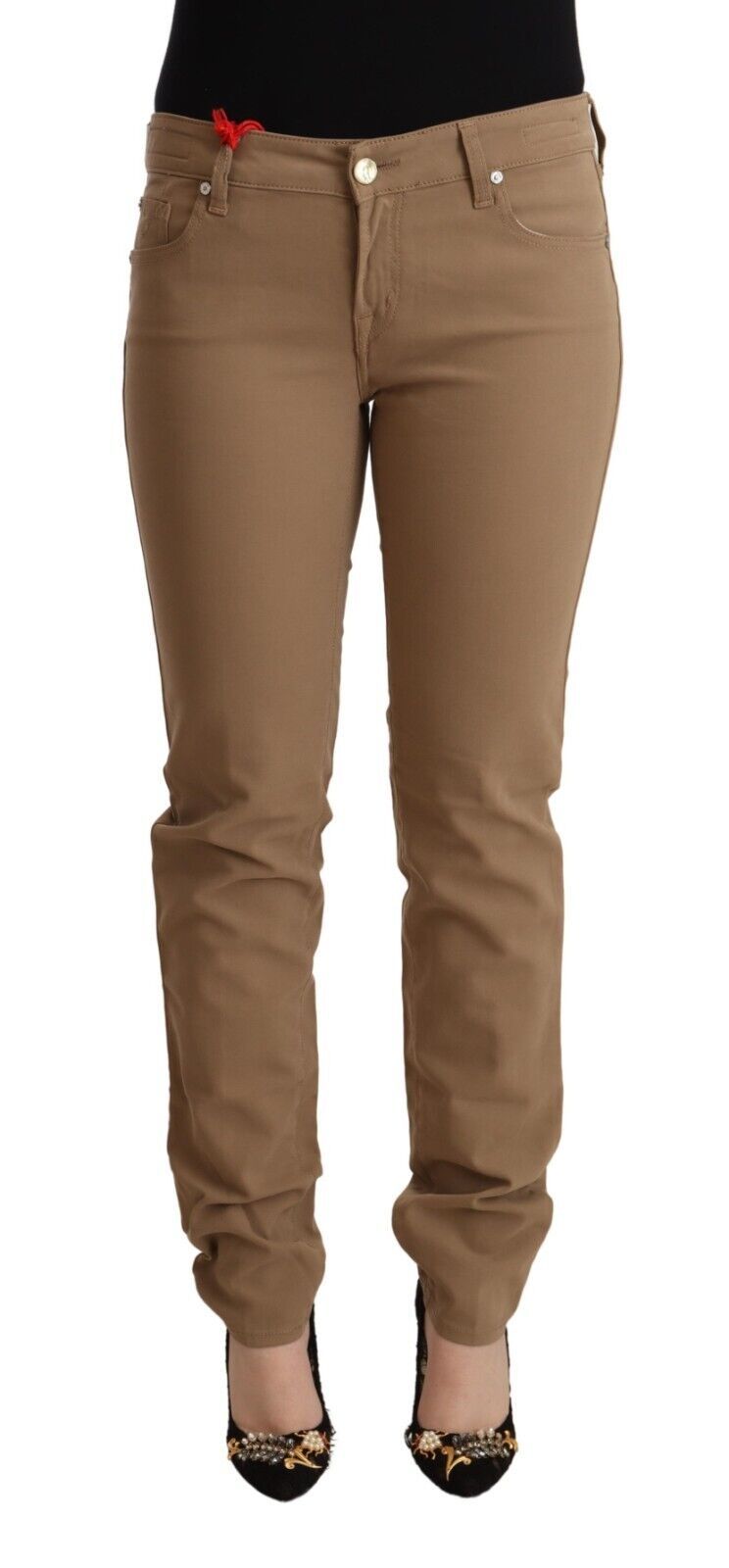 Bruine katoenen stretch skinny broek met middelhoge taille