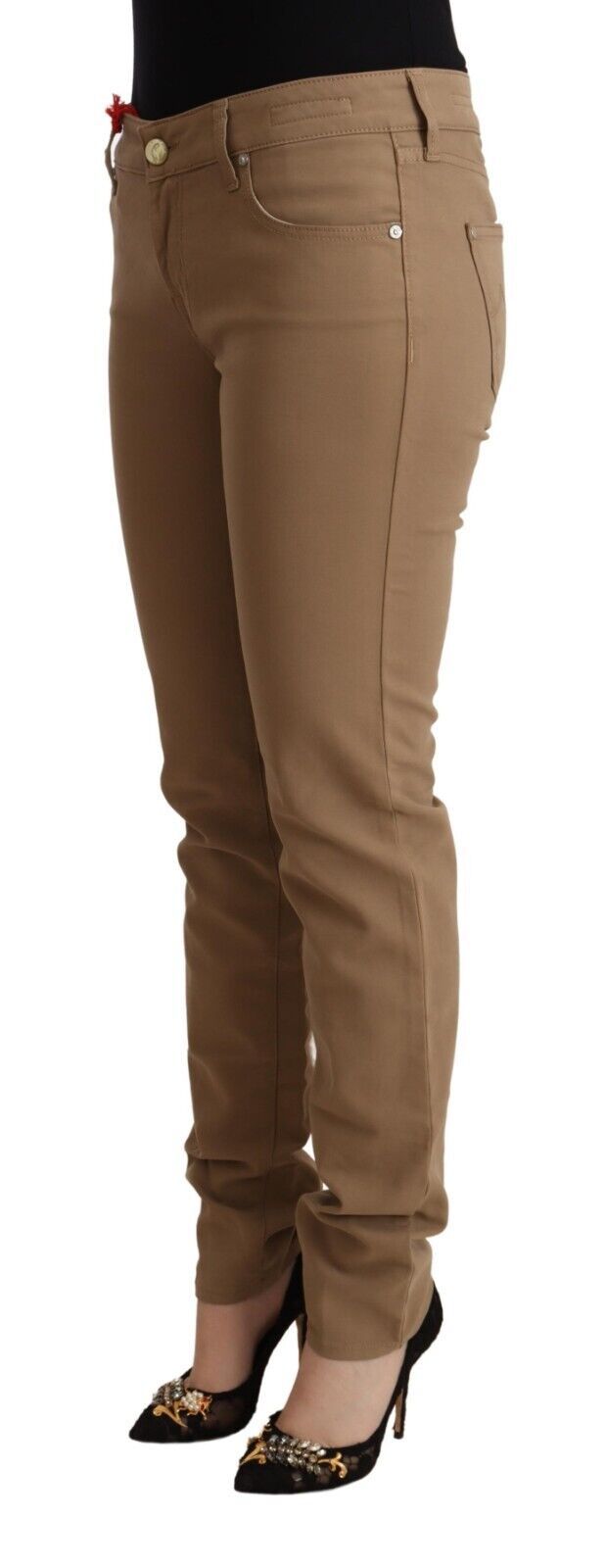 Bruine katoenen stretch skinny broek met middelhoge taille